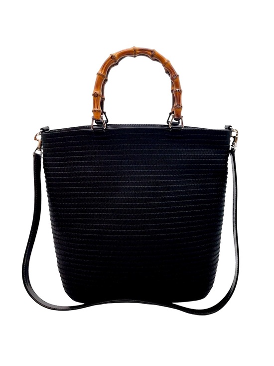 Gucci Handbags - Vintage Gucci Bamboo Handle Tote Black Leather Trim Crossbody Bag Made in Italy